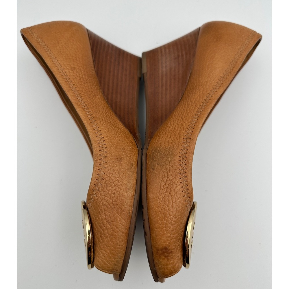Tory Burch Sally Gold Peep Toe Wedge Heels Shoes Royal Tan‎ Leather 6.5 Designer - Picture 5 of 12